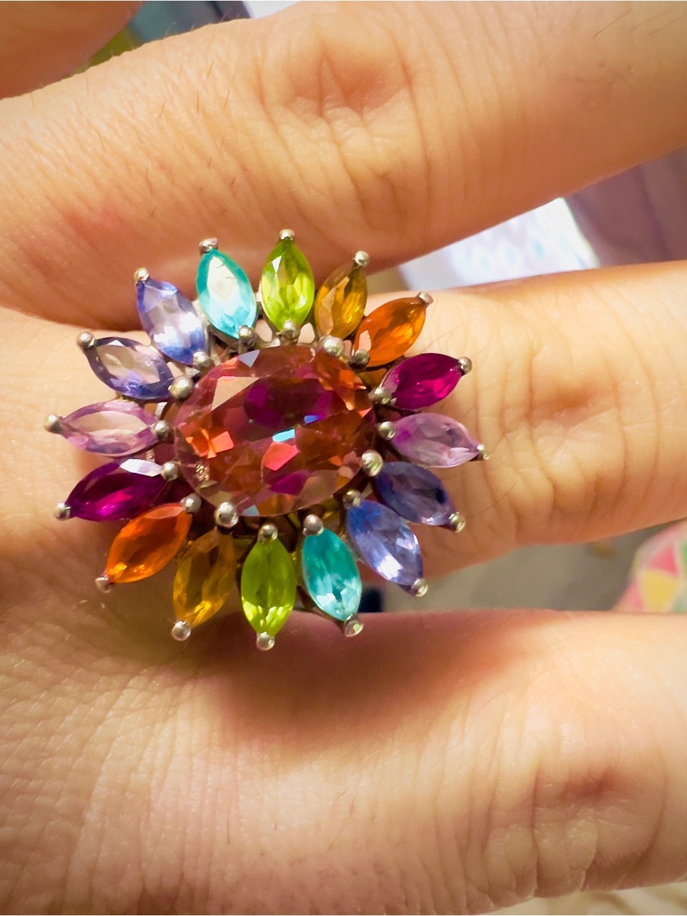 Multicolor Sunburst Gemstone Statement Ring - Size 10 - Picture 4 of 14